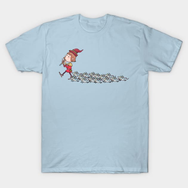 boy plays the magic flute and the mice that follow him T-Shirt by duxpavlic